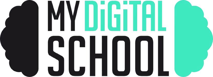 Logo of My Digital School with stylized neural shapes in black and green flanking the text.