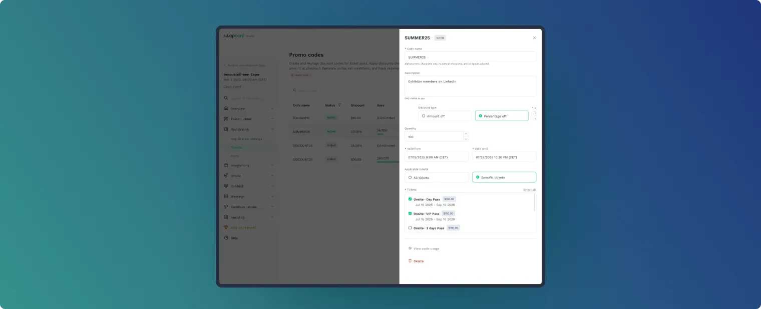 Track promo code performance with analytics dashboard showing redemptions, attendee data, and usage trends for optimizing promotions.