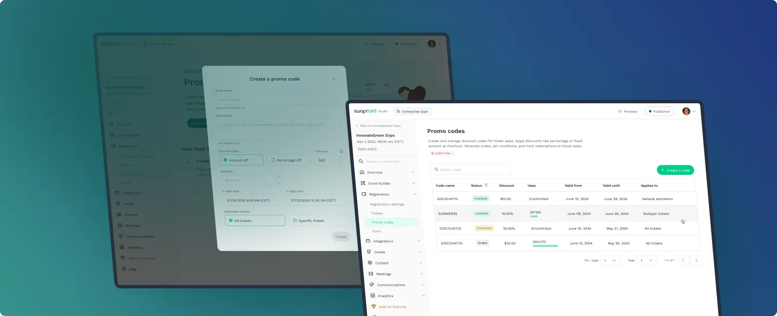 Create a promo code in Swapcard Studio by navigating to the Registration section and selecting Promo Code from the dashboard.