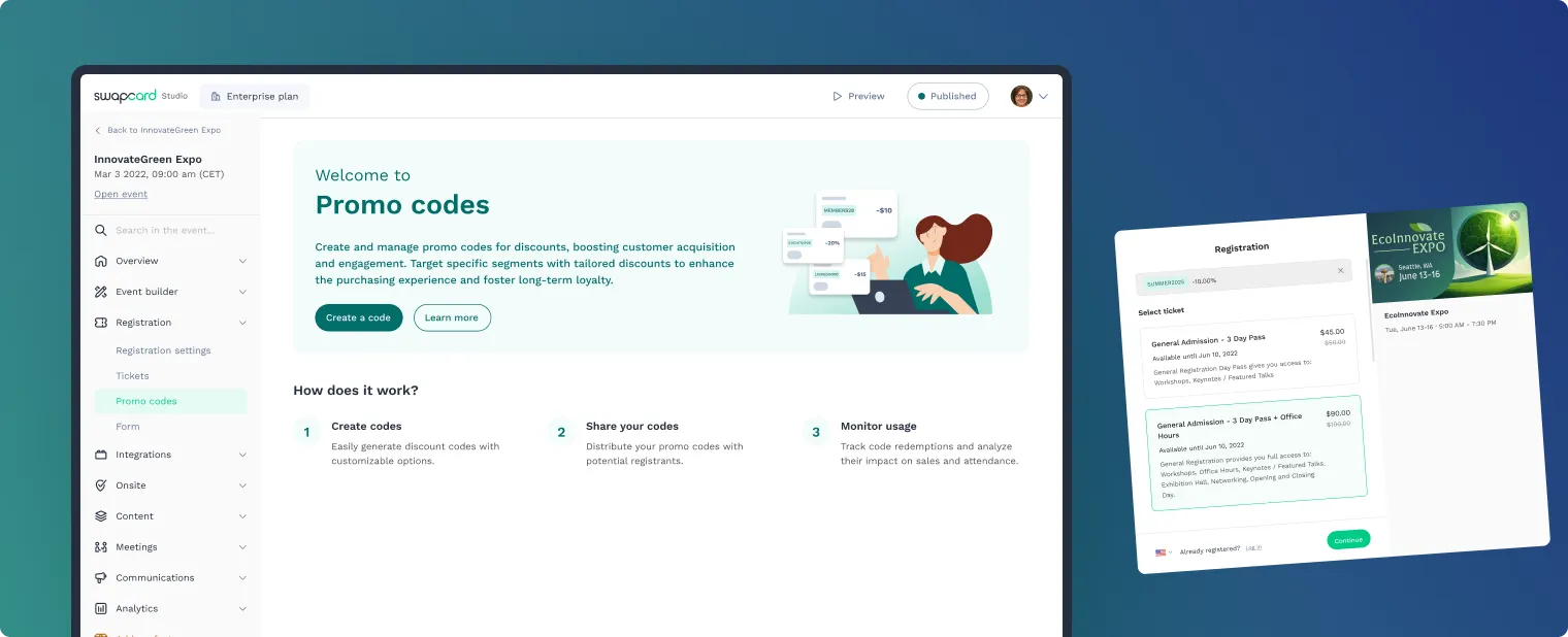 Create targeted promotional campaigns with promo codes, offering tailored discounts to drive registrations and strategically fill ticket tiers.