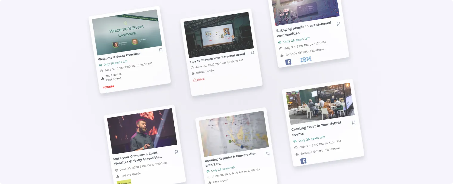 Examples of event session cards, highlighting keynote presentations, workshops, and interactive sessions for attendees.