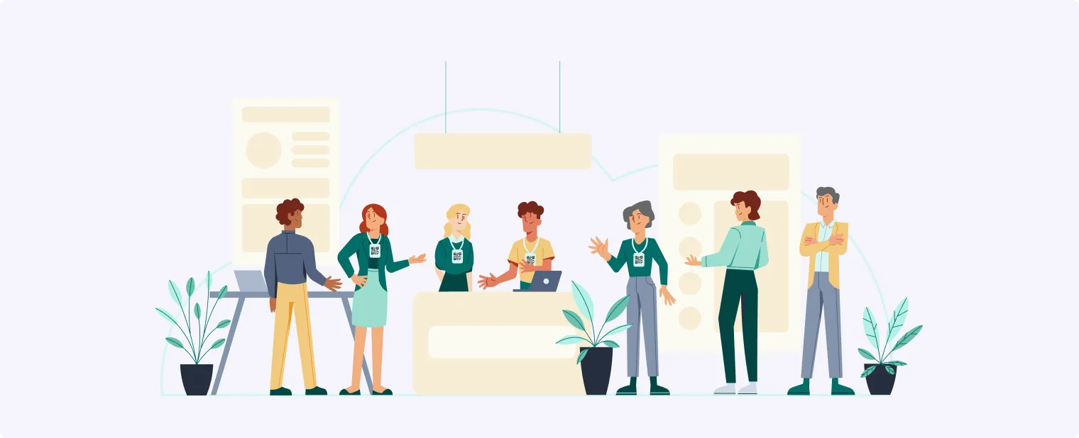Illustration of event exhibitors interacting, networking, and engaging in conversations with attendees.