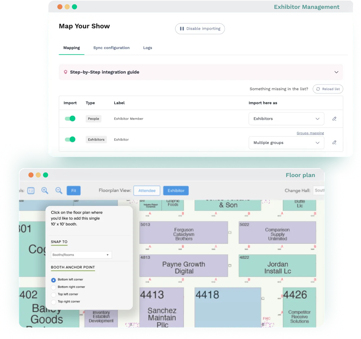 Swapcard and Map Your Show integration showing exhibitor management and interactive floor plan setup.