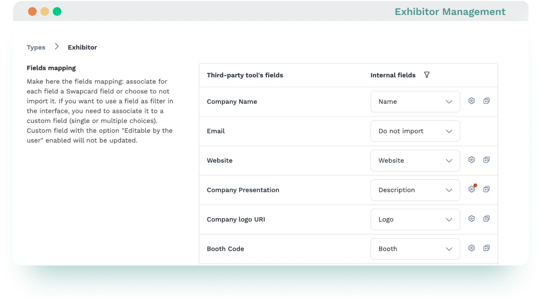 Field mapping interface in Swapcard + Map Your Show integration to match exhibitor data across platforms.