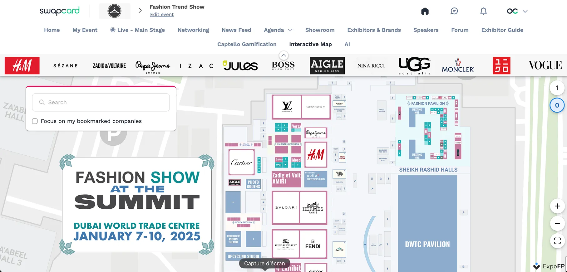Swapcard and ExpoFP integration displayed a fashion trade show floor plan showcasing branded booth placements