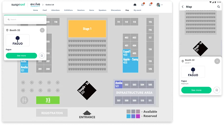 Swapcard and ExpoFP integration showing floor plan with exhibitor booths and embedded profile previews