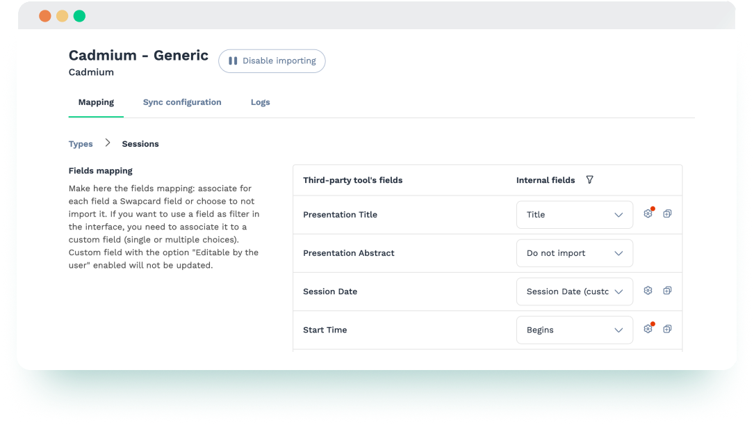 Field mapping interface showing how Cadmium session data syncs with Swapcard