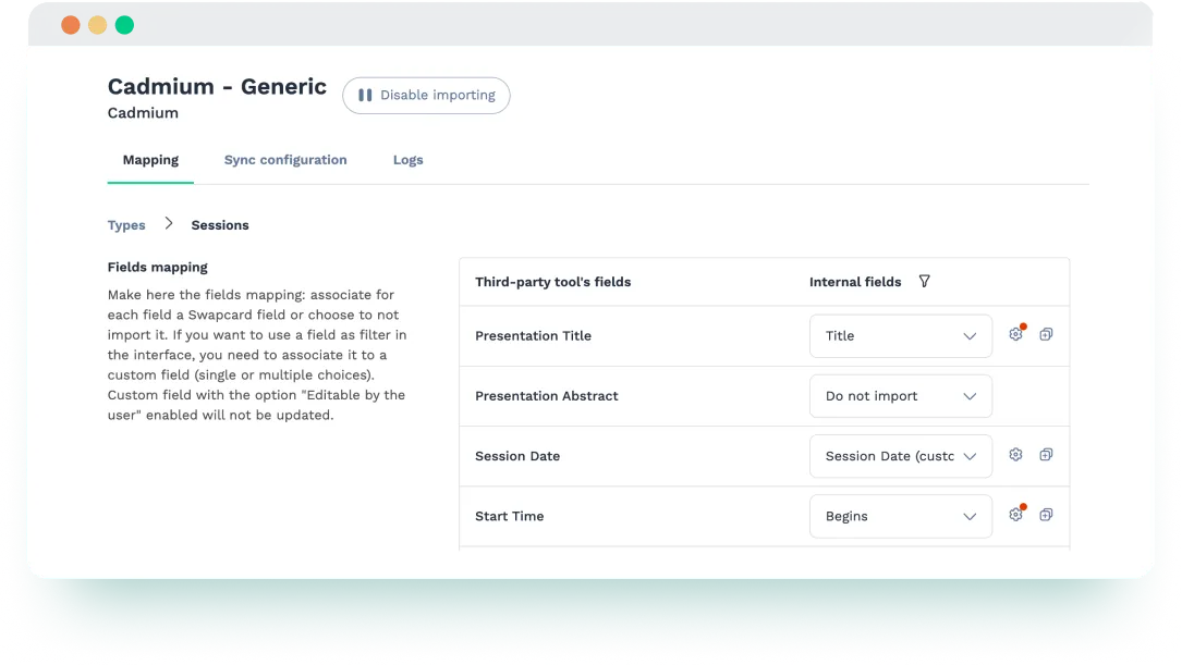 Field mapping interface showing how Cadmium session data syncs with Swapcard