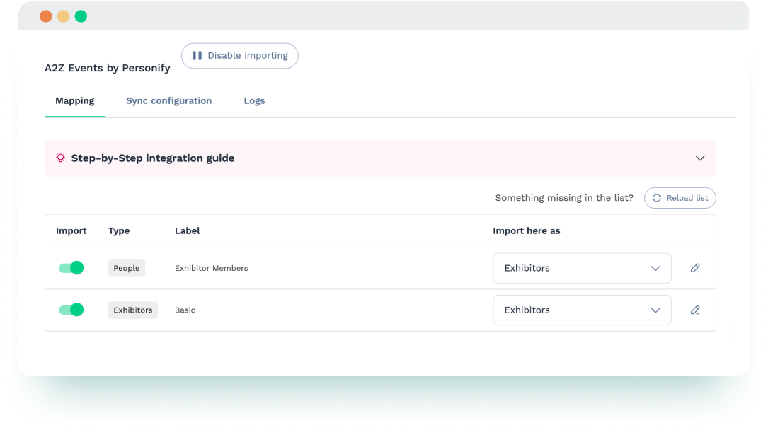 Import settings in Swapcard showing exhibitor and member data synced from A2Z Event
