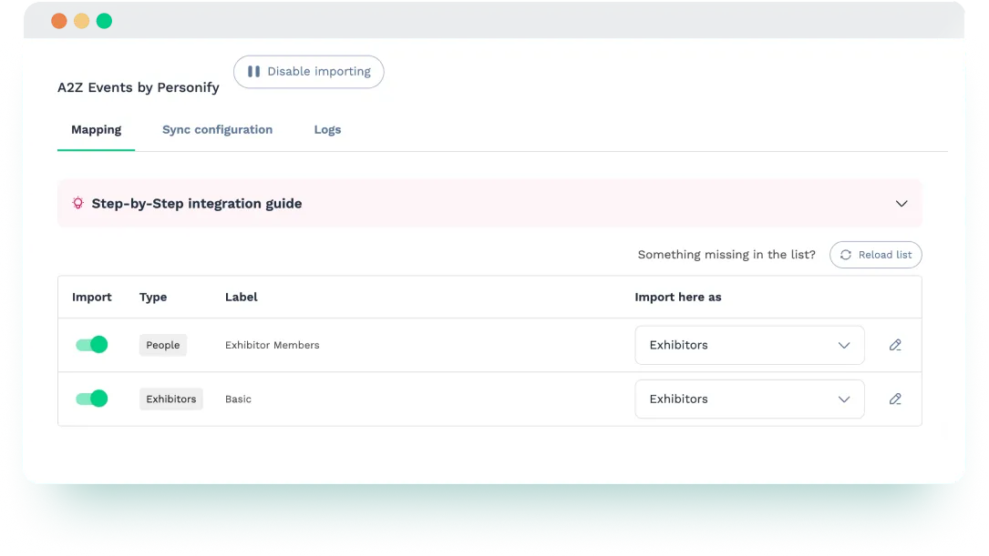 Import settings in Swapcard showing exhibitor and member data synced from A2Z Event