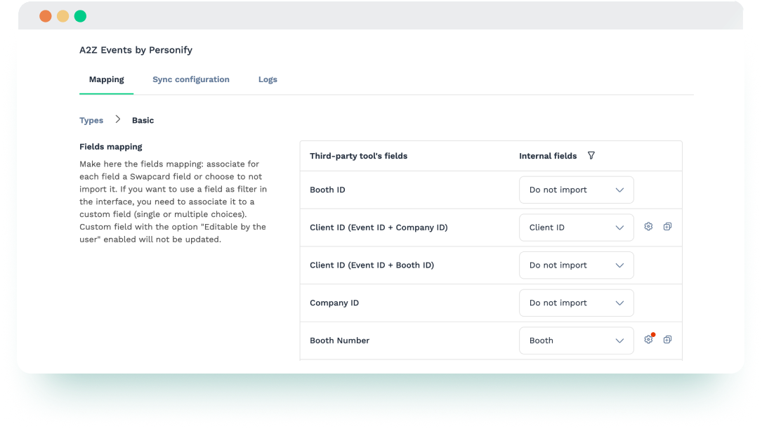 Field mapping interface for syncing booth and company data from A2Z Events into Swapcard