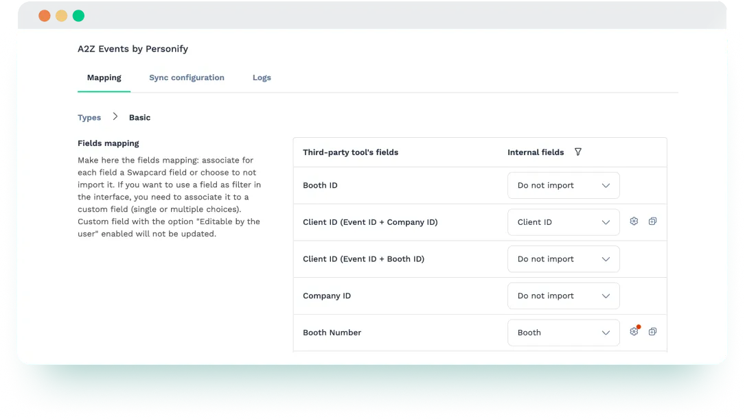 Field mapping interface for syncing booth and company data from A2Z Events into Swapcard