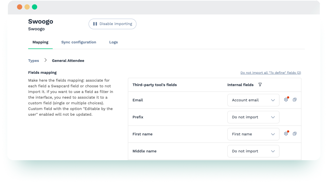 Swoogo integration view showing imported attendee types mapped to Swapcard user groups