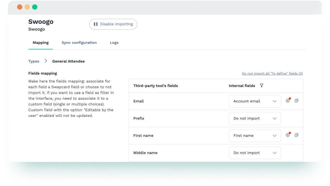 Swoogo integration view showing imported attendee types mapped to Swapcard user groups
