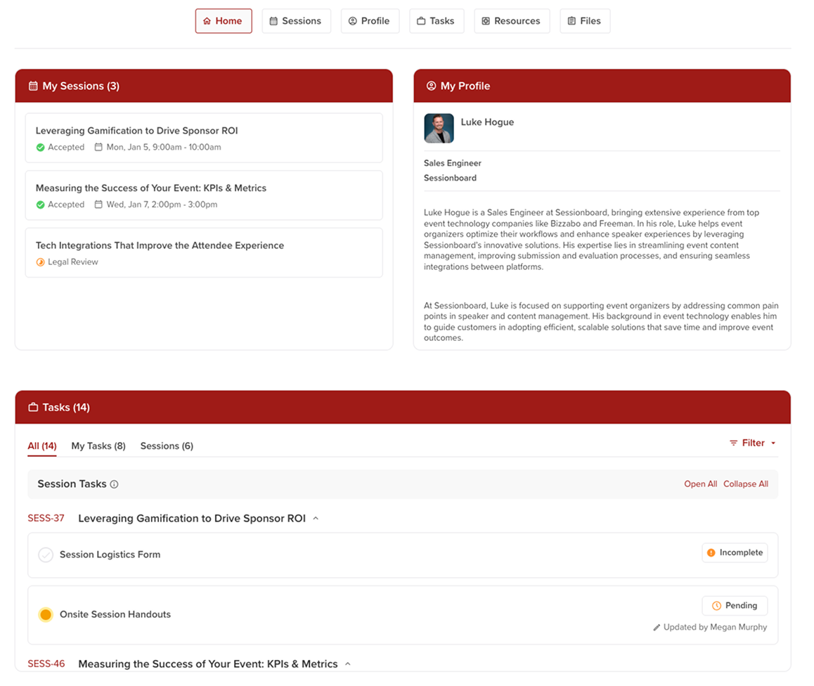 Sessionboard speaker portal where speakers manage sessions, update profiles, upload files, and complete tasks