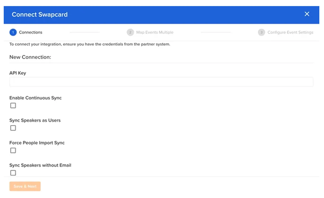 Sessionboard integration setup in Swapcard showing API key connection, continuous sync options, and speaker sync settings