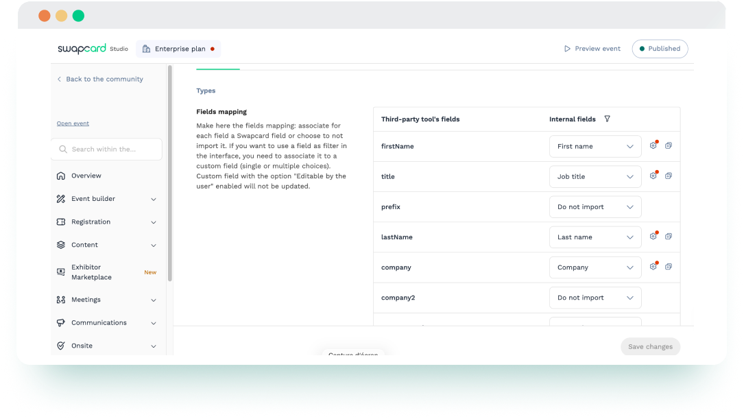 Field mapping interface linking Maritz attendee fields to Swapcard attributes like name, title, and company for accurate data imports