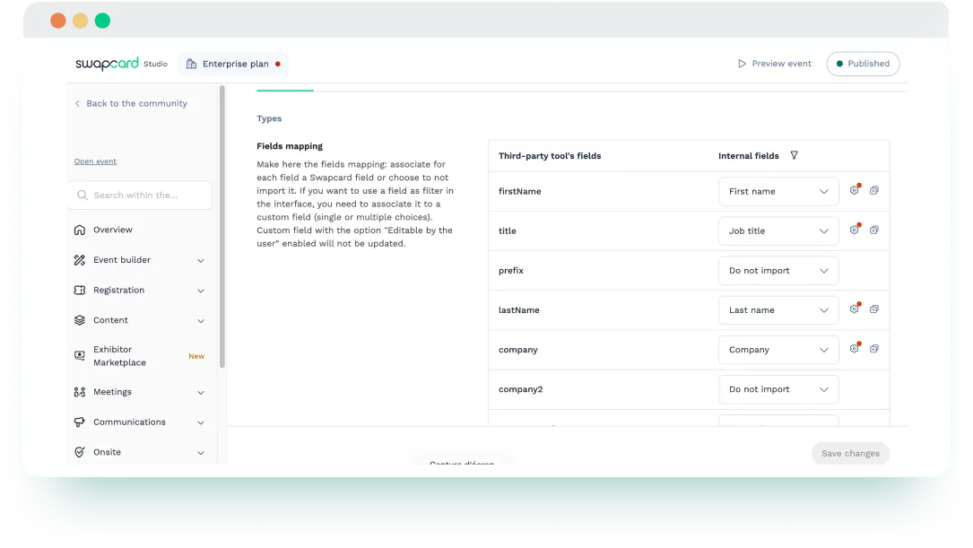 Field mapping interface linking Maritz attendee fields to Swapcard attributes like name, title, and company for accurate data imports