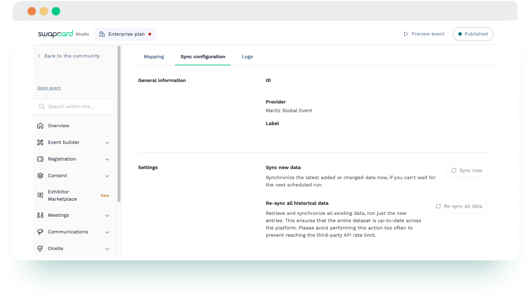 Swapcard and Maritz integration sync configuration screen showing sync options for new and historical registration data