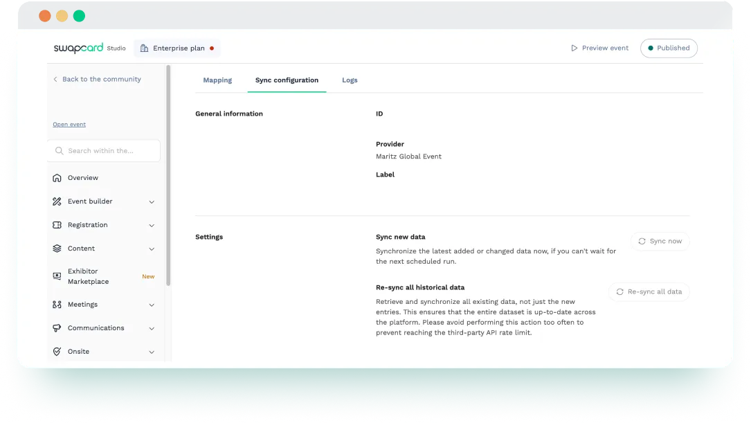 Swapcard and Maritz integration sync configuration screen showing sync options for new and historical registration data