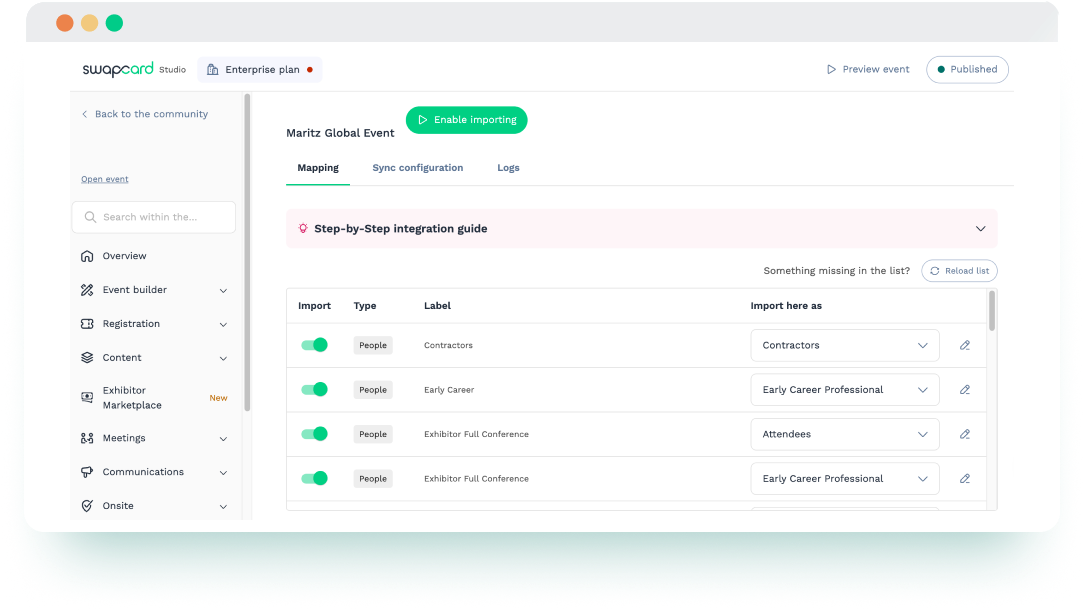 Mapping Maritz registration types to Swapcard groups, enabling targeted attendee segmentation within the event platform