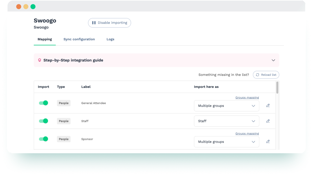 Swapcard and Swoogo integration displaying field mapping between registration data and attendee profiles