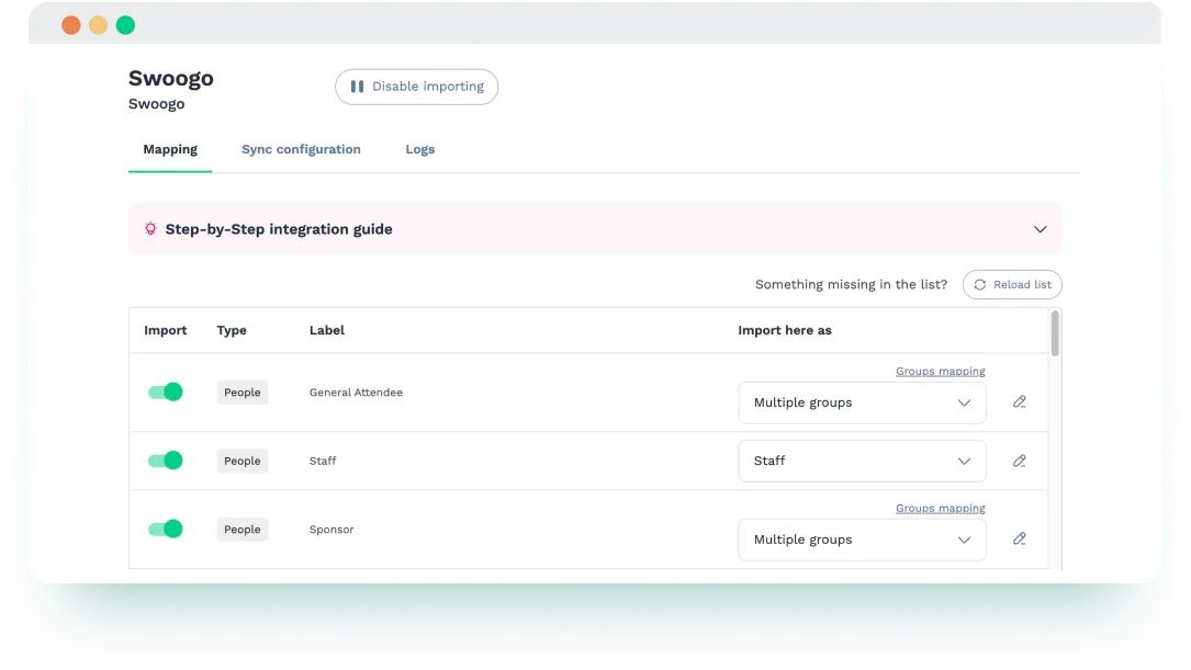 Swapcard and Swoogo integration displaying field mapping between registration data and attendee profiles