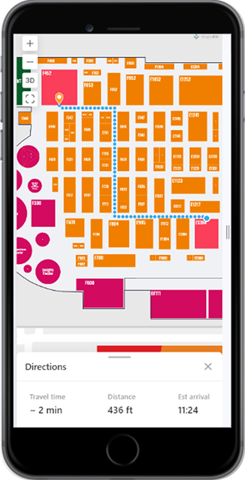 Event floor plan inside the Swapcard app using Crowd Connected navigation to guide attendees through a product expo with booth-level accuracy