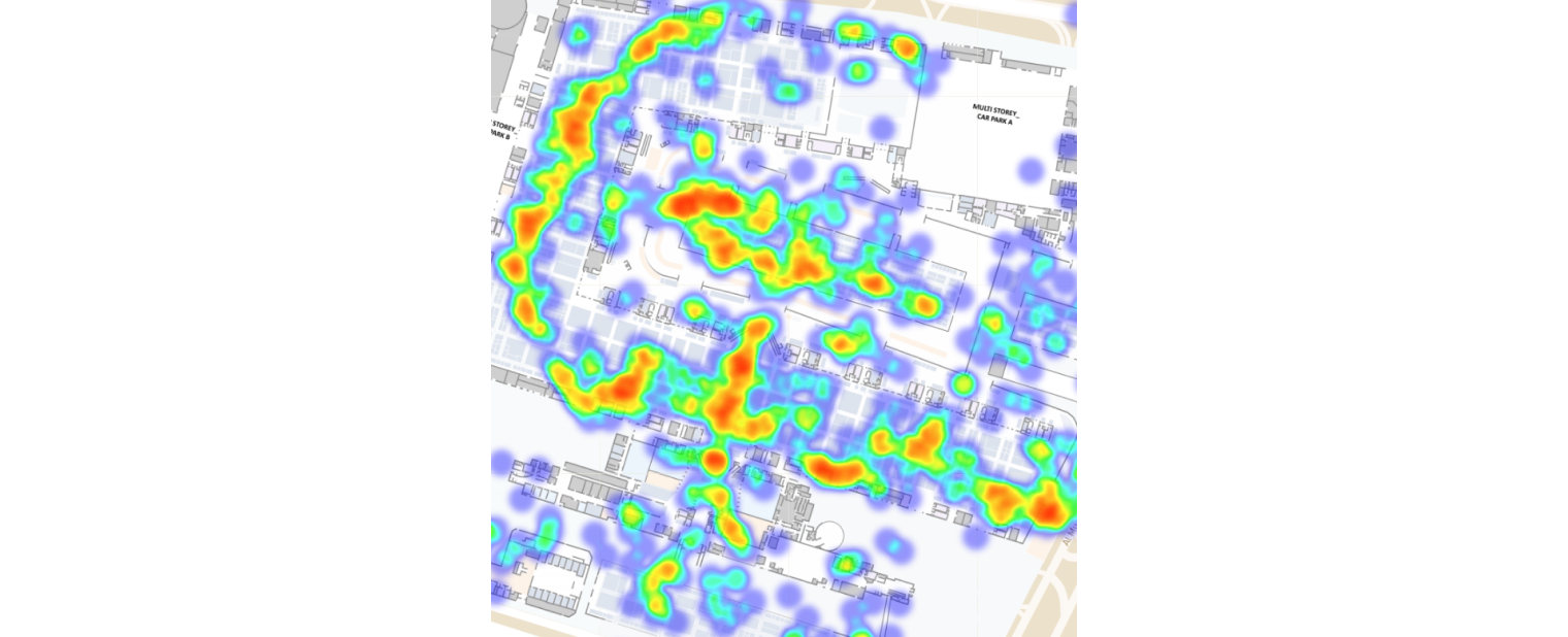 Crowd Connected heatmap overlay of a trade show floor plan visualizing real-time visitor movement and foot traffic intensity using GPS-based positioning
