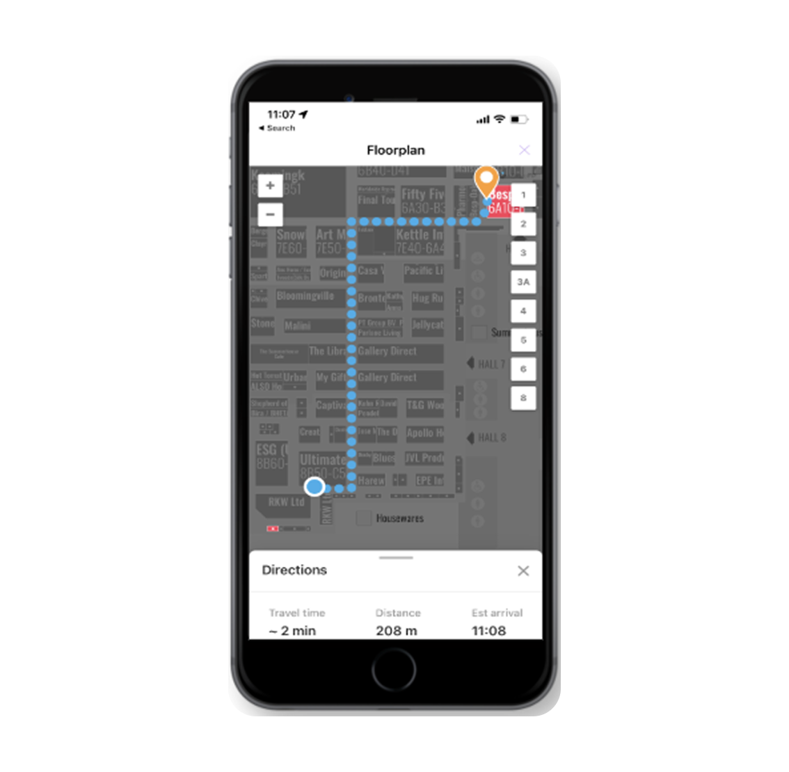 Swapcard and Crowd Connected integration showing indoor navigation to an exhibitor booth within a trade show floor plan on a mobile app