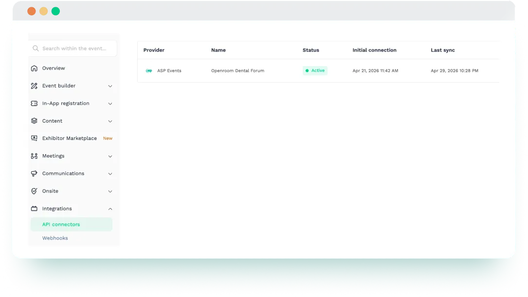 Swapcard API connectors page showing ASP Events integration active with event data sync status