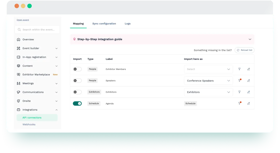 ASP Events data mapping in Swapcard showing speakers, exhibitors and agenda sync setup