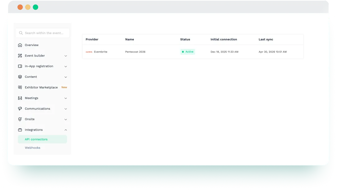 Swapcard integrations interface showing Eventbrite connection for attendee data import and updates