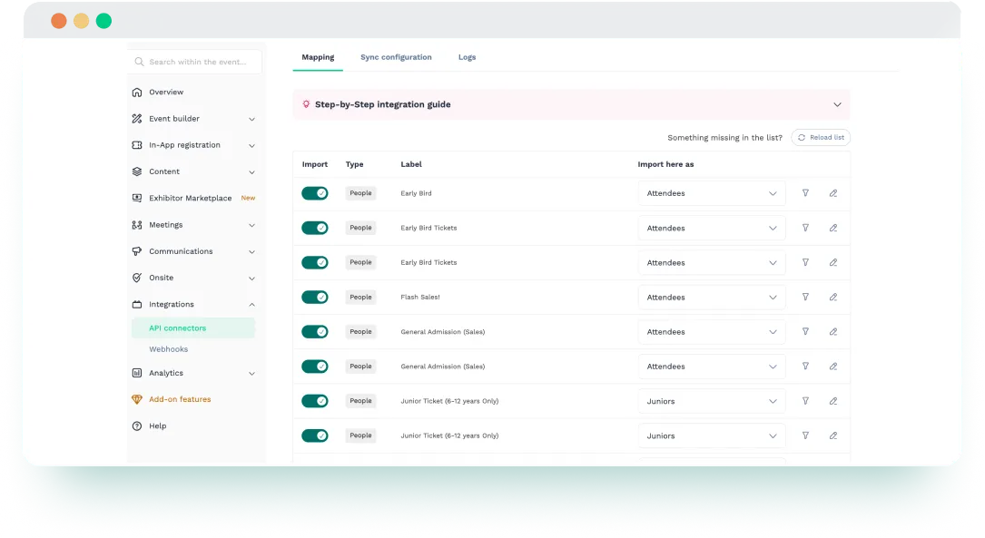 Swapcard integration mapping interface for Eventbrite showing ticket types assigned to attendee groups