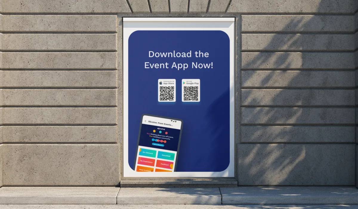 Outdoor event app promo poster mockup featuring QR codes for App Store and Google Play downloads.