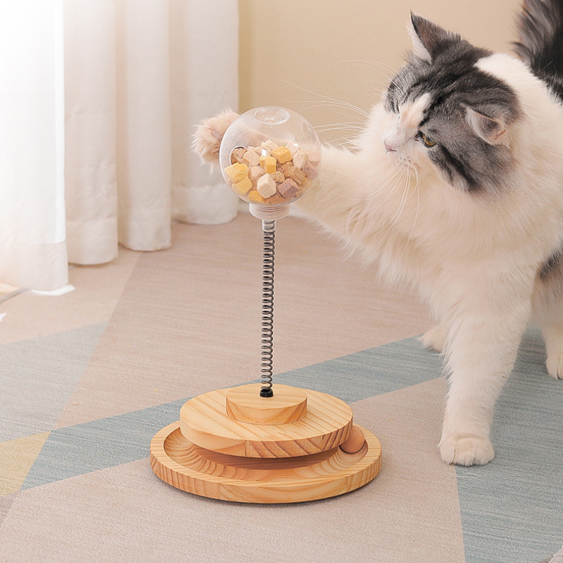 Solid wood turntable slow feeder cat toy