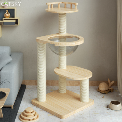 Solid wood cat tree with space capsule
