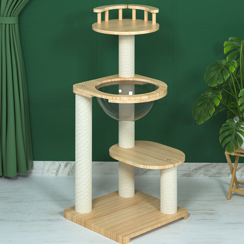 Solid wood cat tree with space capsule