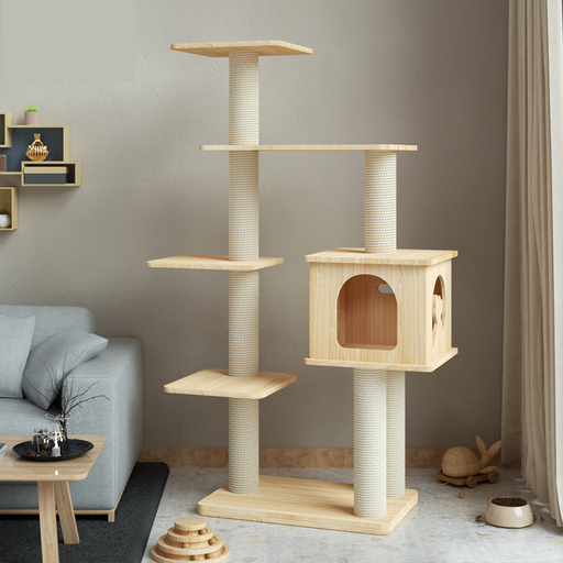 Solid wood cat tree with a multi-level platform