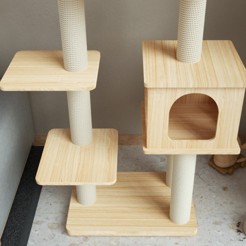 Solid wood cat tree with a multi-level platform