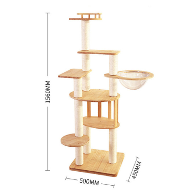 Multi-layer solid wood cat tree with space capsule