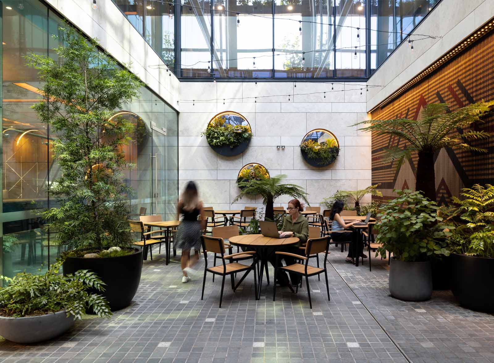 Vegetated trellis of native flora climbs the central courtyard