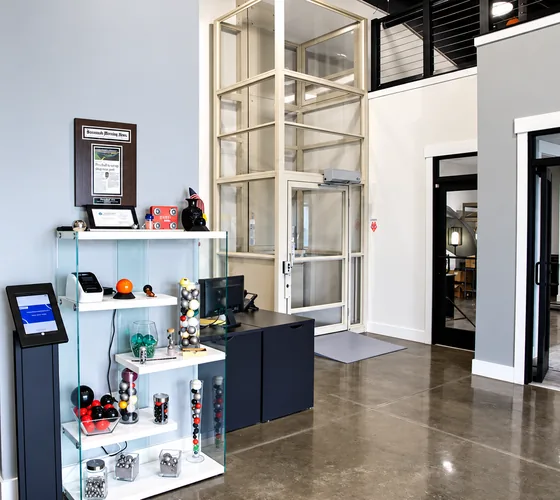 Preciball USA office with product display