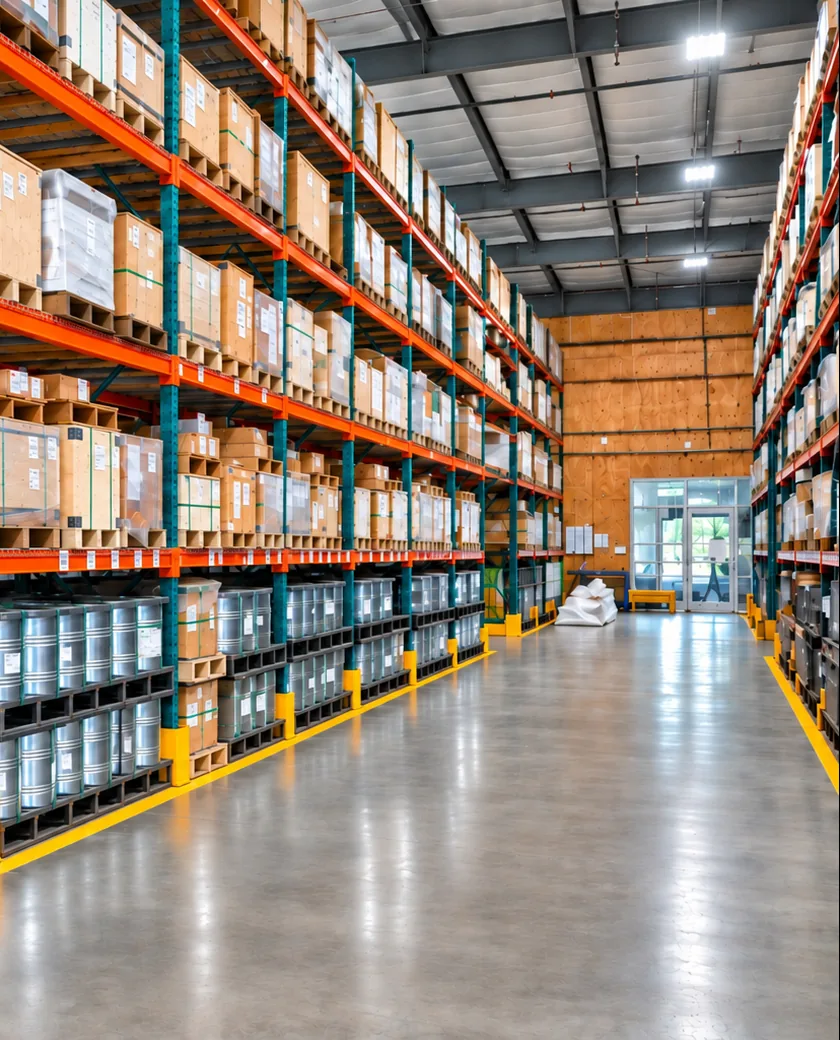 Warehouse aisle with stocked racking at Preciball USA