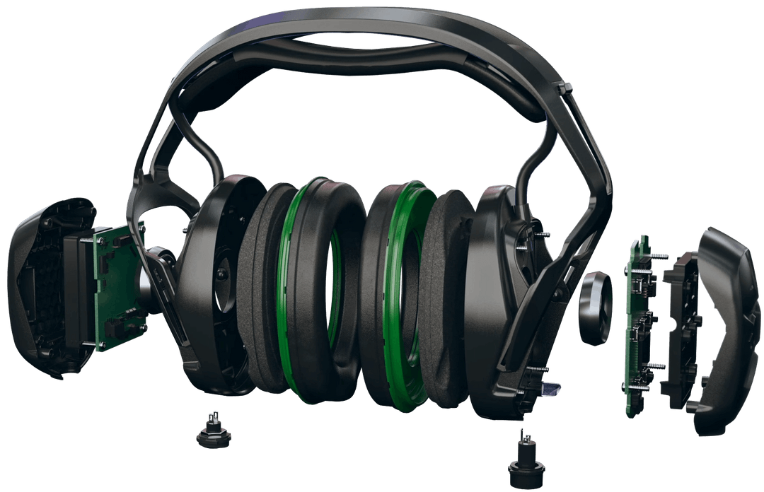 En 3D-animering av ett par Sordin hörselkåpor som är tagna isär för att illustrera de olika komponenterna.