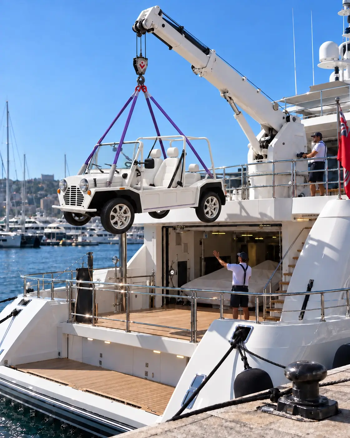Mini Moke Beach Car avec système de levage pour embarquement sur un yacht