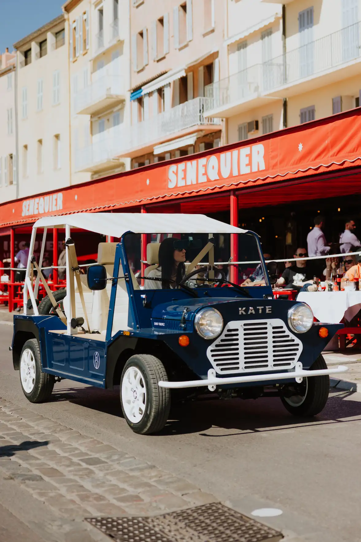 Kate Mini Moke Beach Car at Saint Tropez in front of Senequier Restaurant