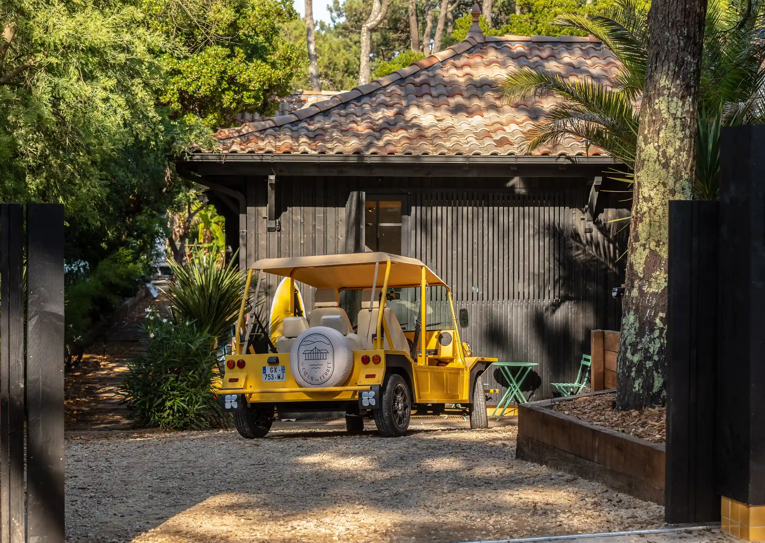An Yellow Electric Beach Car Mini Moke Beach Buggy brand Kate at Cap Ferret
