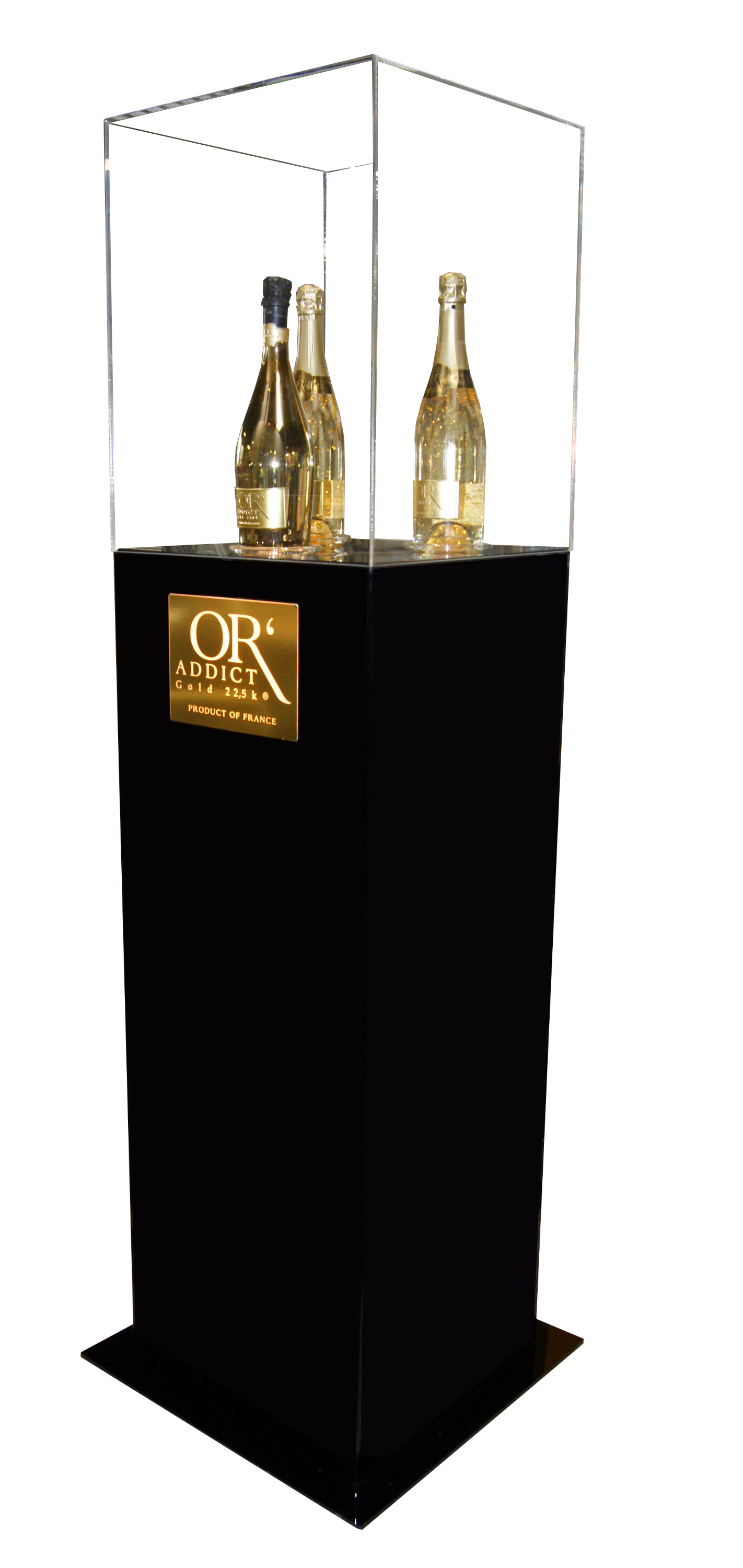 Présentoir pour bouteilles de Champagne avec socle en PMMA noir et plaque en PMMA blanc diffusant recouverte de vinyle doré