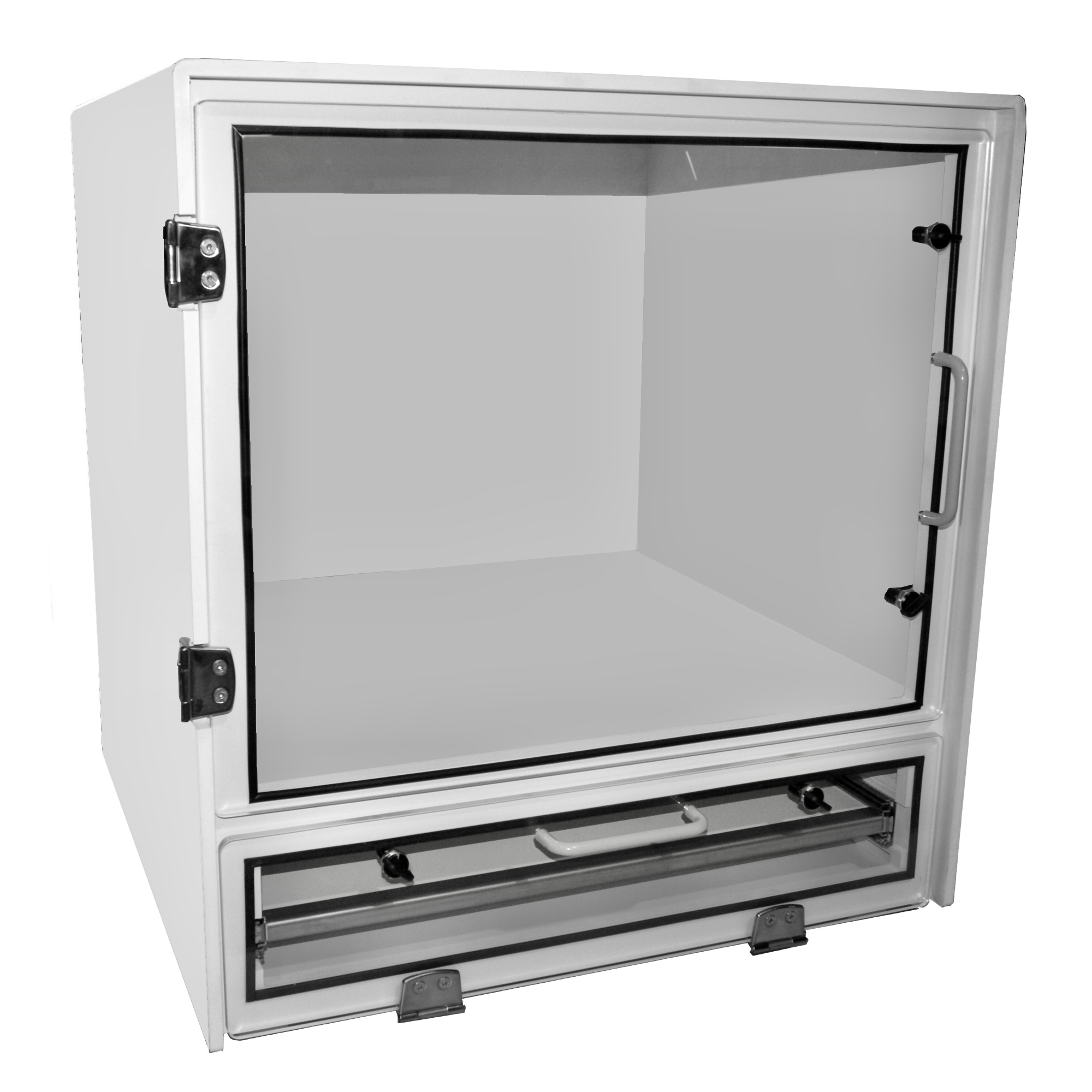 Structure avec toit incliné et adapté aux normes agro, classement feu M1, portes encastrées en PMMA incolore 8mm, tablette écran réglable en hauteur